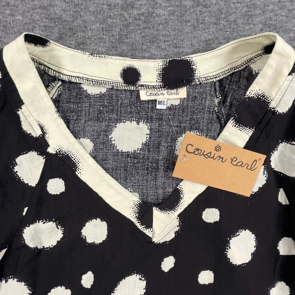 NWT Cousin Earl Polka Dot Contrast Blouse M/L Artsy Black Minimalist Boho Top - Picture 5 of 8